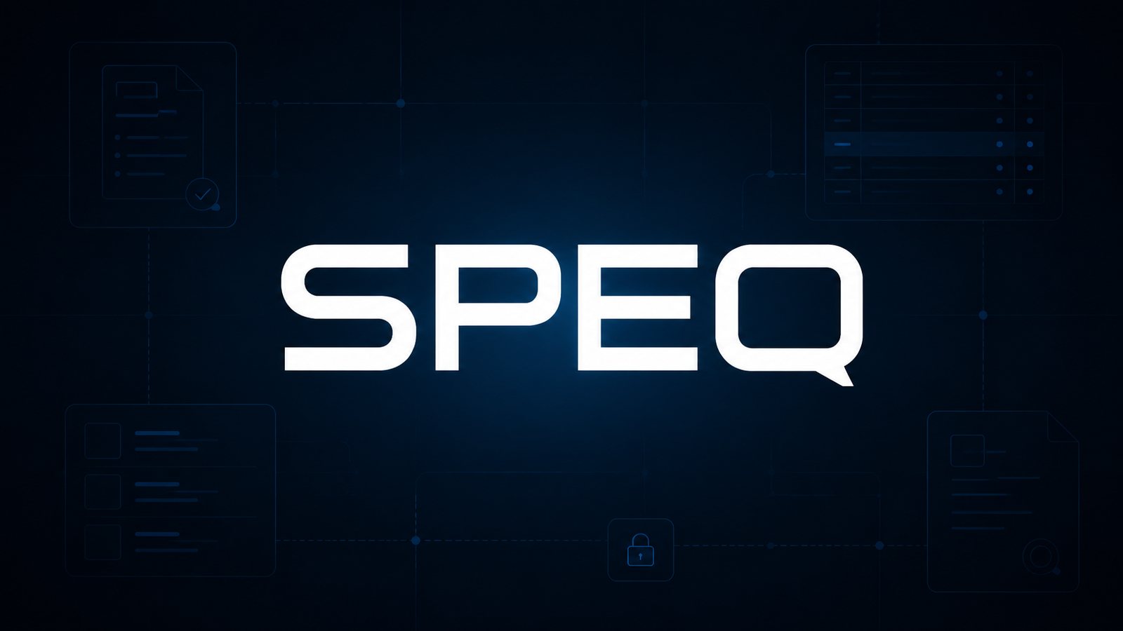 The SPEQ wordmark over an abstract procurement interface