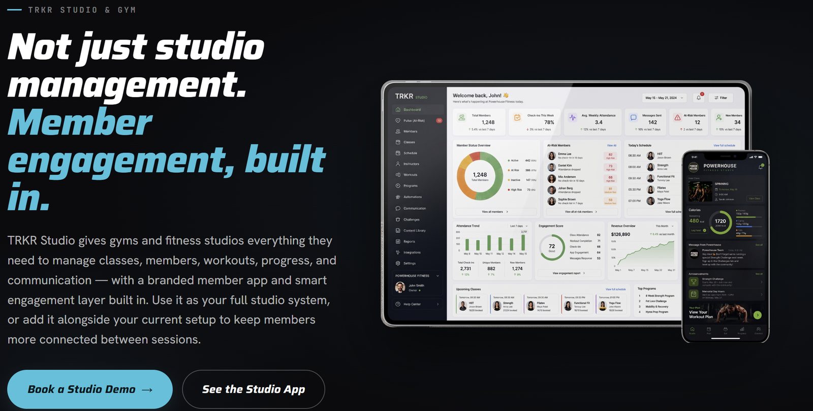 TRKR studio dashboard and member app, showing check-ins, attendance and engagement